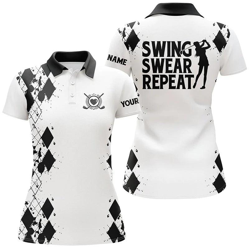 Customized Name Golf Women Polo Shirts, Black Pattern Personalized Swing Swear Repeat White Shirts - Perfect Gift For Ladies, Golf Lovers, Golfers - Amzanimalsgift
