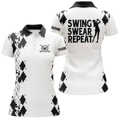 Customized Name Golf Women Polo Shirts, Black Pattern Personalized Swing Swear Repeat White Shirts - Perfect Gift For Ladies, Golf Lovers, Golfers - Amzanimalsgift