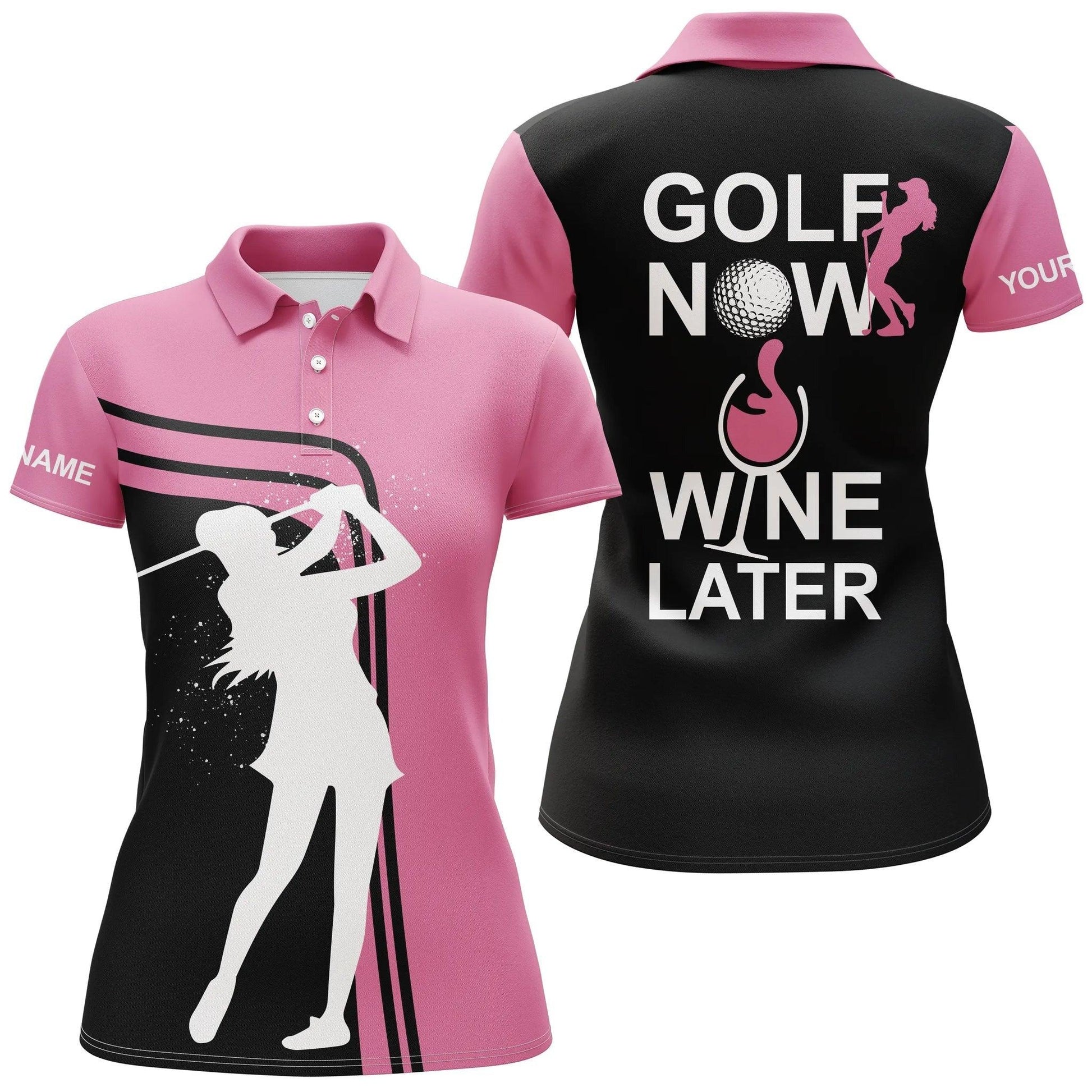 Customized Name Golf Women Polo Shirts, Black Pink Personalized Golf Now Wine Later Women Polo Shirts - Perfect Gift For Ladies, Golfers, Golf Lovers - Amzanimalsgift