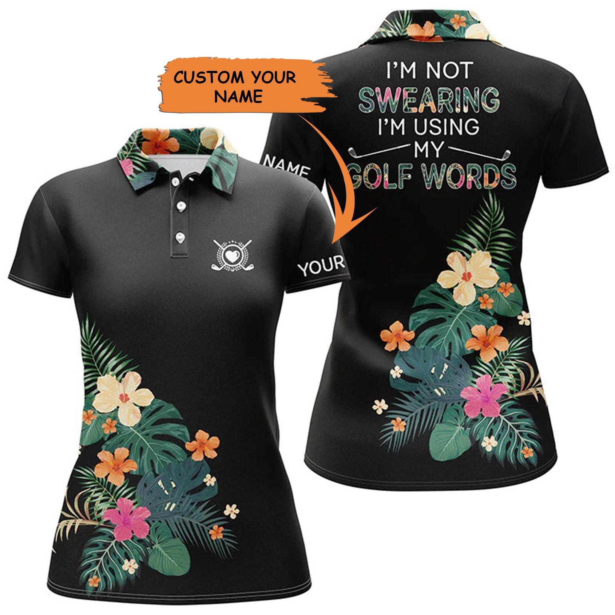 Customized Name Golf Women Polo Shirts, Black Tropical Floral Pattern, Personalized Ladies Polo Shirts - Perfect Gift For Golfers, Golf Lovers - Amzanimalsgift