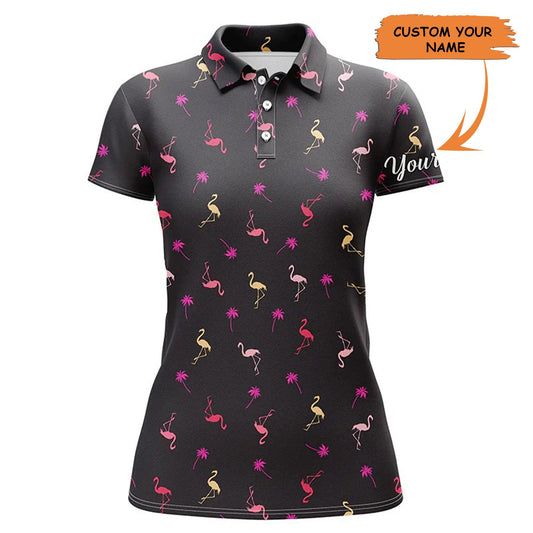 Customized Name Golf Women Polo Shirts, Black Women Polo Shirt Personalized Pink Flamingos Pattern Shirts - Perfect Gift For Golfers, Golf Lovers - Amzanimalsgift