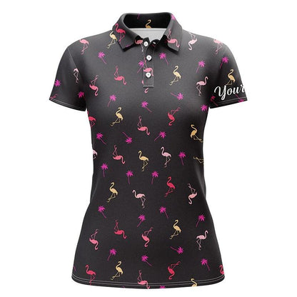 Customized Name Golf Women Polo Shirts, Black Women Polo Shirt Personalized Pink Flamingos Pattern Shirts - Perfect Gift For Golfers, Golf Lovers - Amzanimalsgift