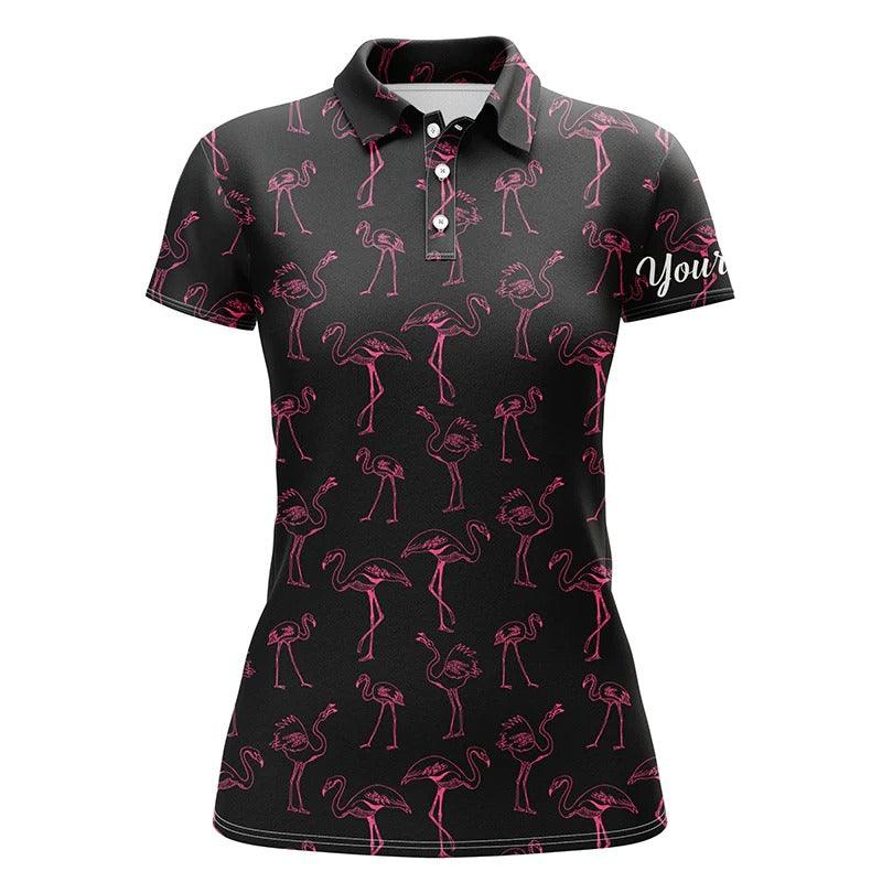 Customized Name Golf Women Polo Shirts, Black Women Polo Shirt Personalized Pink Flamingos Pattern Shirts - Perfect Gift For Golfers, Golf Lovers - Amzanimalsgift
