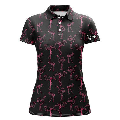 Customized Name Golf Women Polo Shirts, Black Women Polo Shirt Personalized Pink Flamingos Pattern Shirts - Perfect Gift For Golfers, Golf Lovers - Amzanimalsgift
