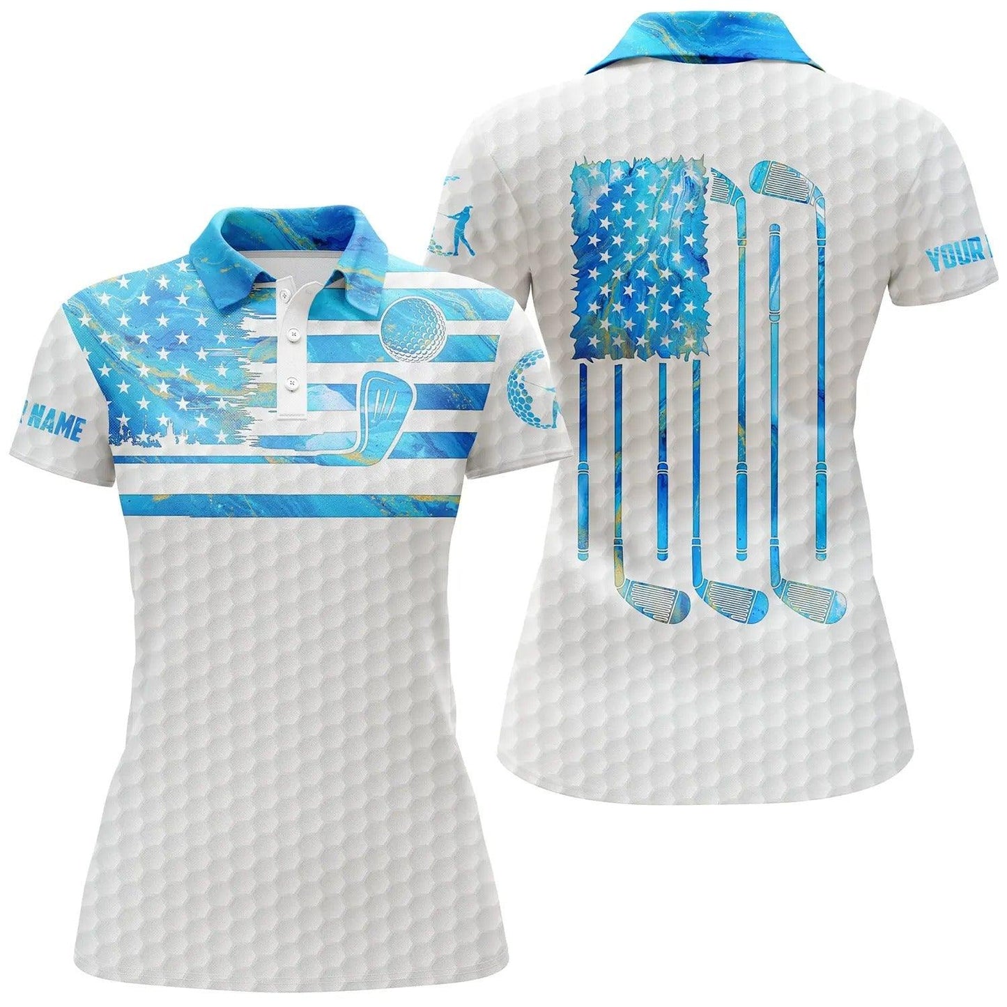 Customized Name Golf Women Polo Shirts, Blue Watercolor US Flag Patriotic Personalized White Polo Shirts - Perfect Gift For Golfers, Golf Lovers - Amzanimalsgift