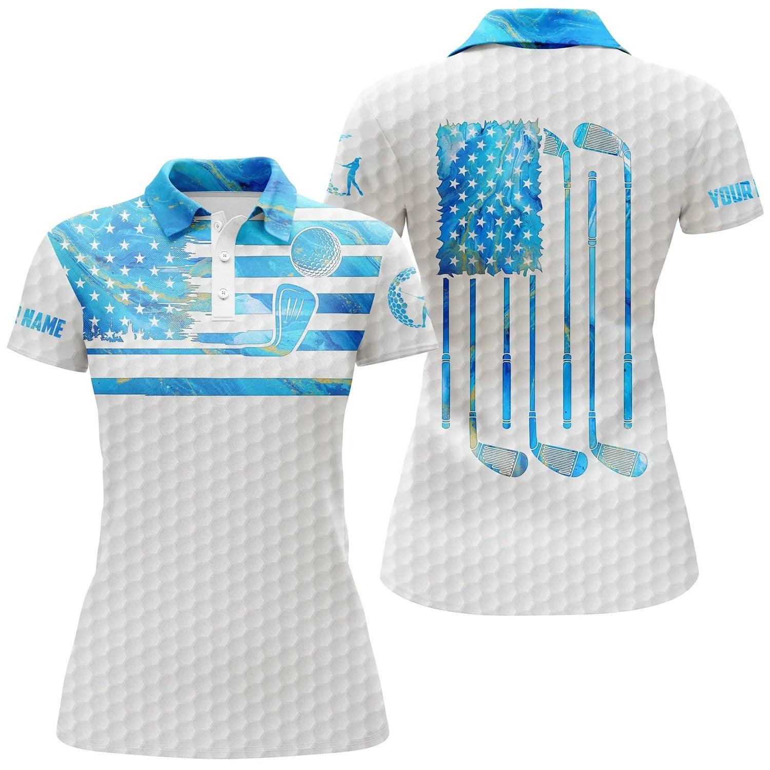 Customized Name Golf Women Polo Shirts, Blue Watercolor US Flag Patriotic Personalized White Polo Shirts - Perfect Gift For Golfers, Golf Lovers - Amzanimalsgift