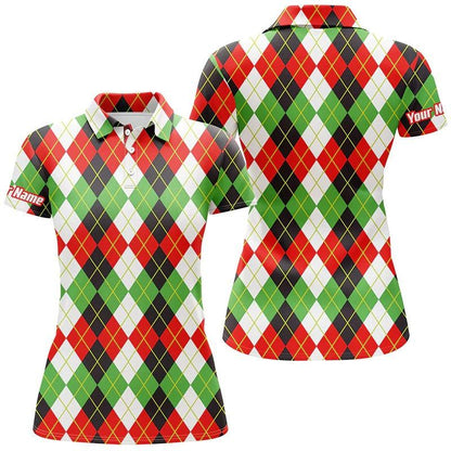 Customized Name Golf Women Polo Shirts, Christmas Plaid Argyle Pattern Personalized Christmas Shirts - Perfect Gift For Ladies, Golfers, Golf Lovers - Amzanimalsgift