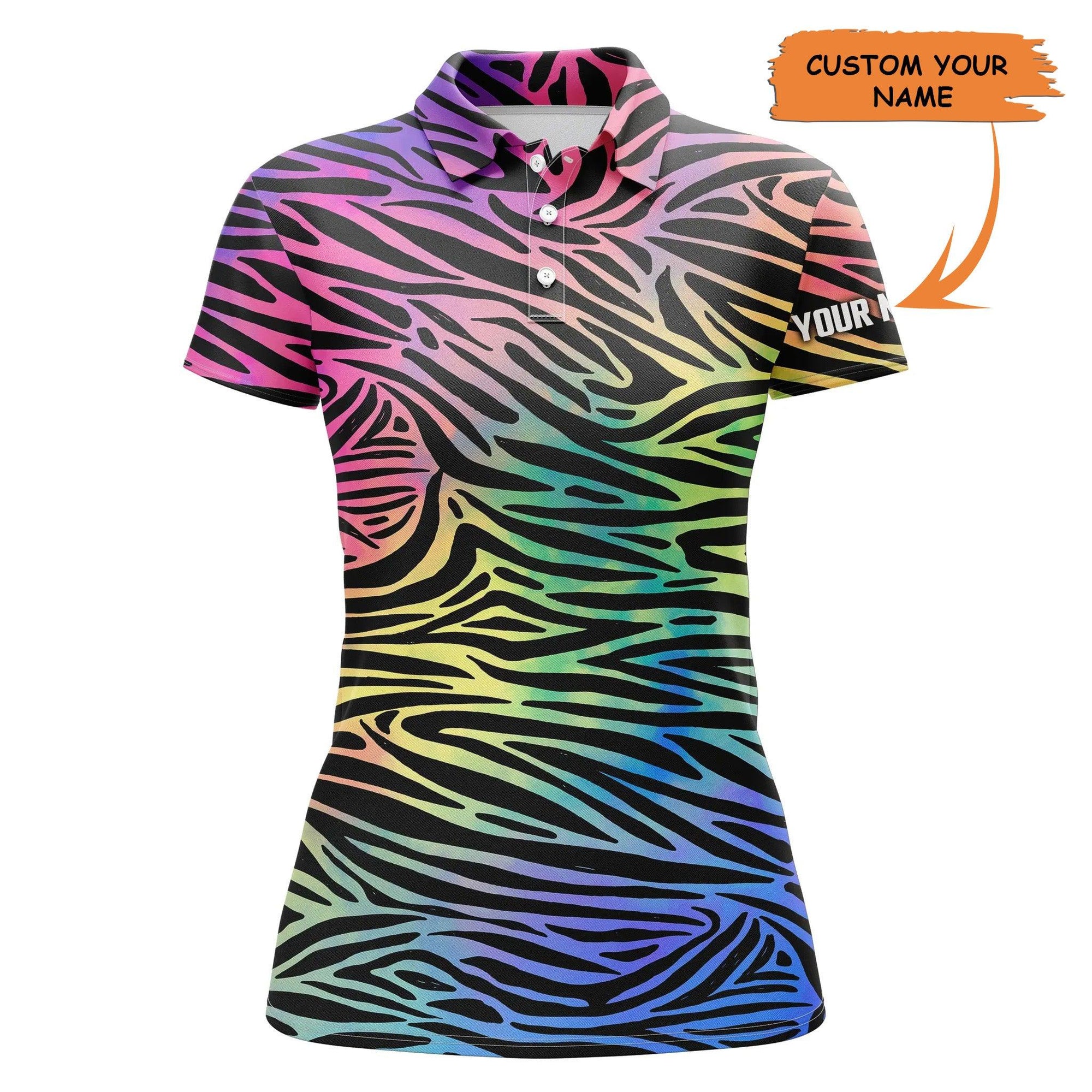 Customized Name Golf Women Polo Shirts, Colorful Neon Rainbow Zebra Skin Personalized Ladies Polo Shirts - Perfect Gift For Golfers, Golf Lovers - Amzanimalsgift