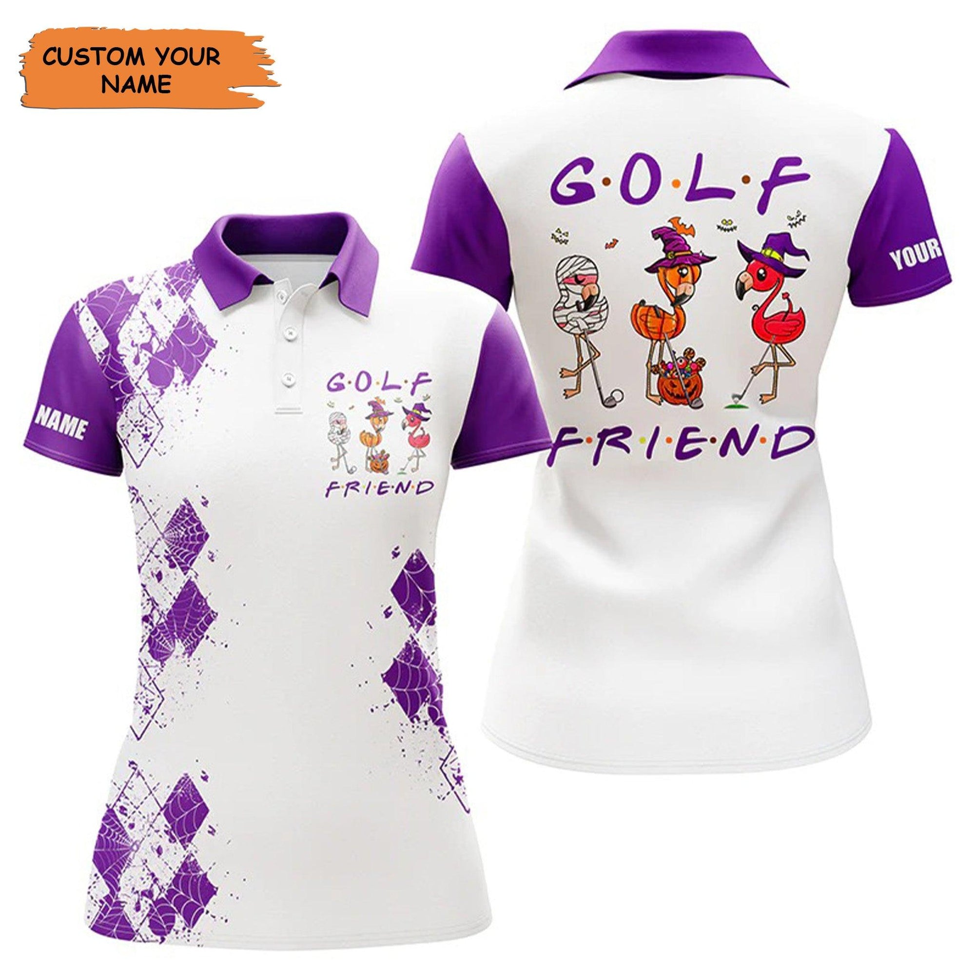 Customized Name Golf Women Polo Shirts, Flamingo Halloween Personalized Name Golf Friends Purple Shirts - Perfect Gift For Ladies, Golfers, Golf Lovers - Amzanimalsgift