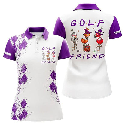 Customized Name Golf Women Polo Shirts, Flamingo Halloween Personalized Name Golf Friends Purple Shirts - Perfect Gift For Ladies, Golfers, Golf Lovers - Amzanimalsgift