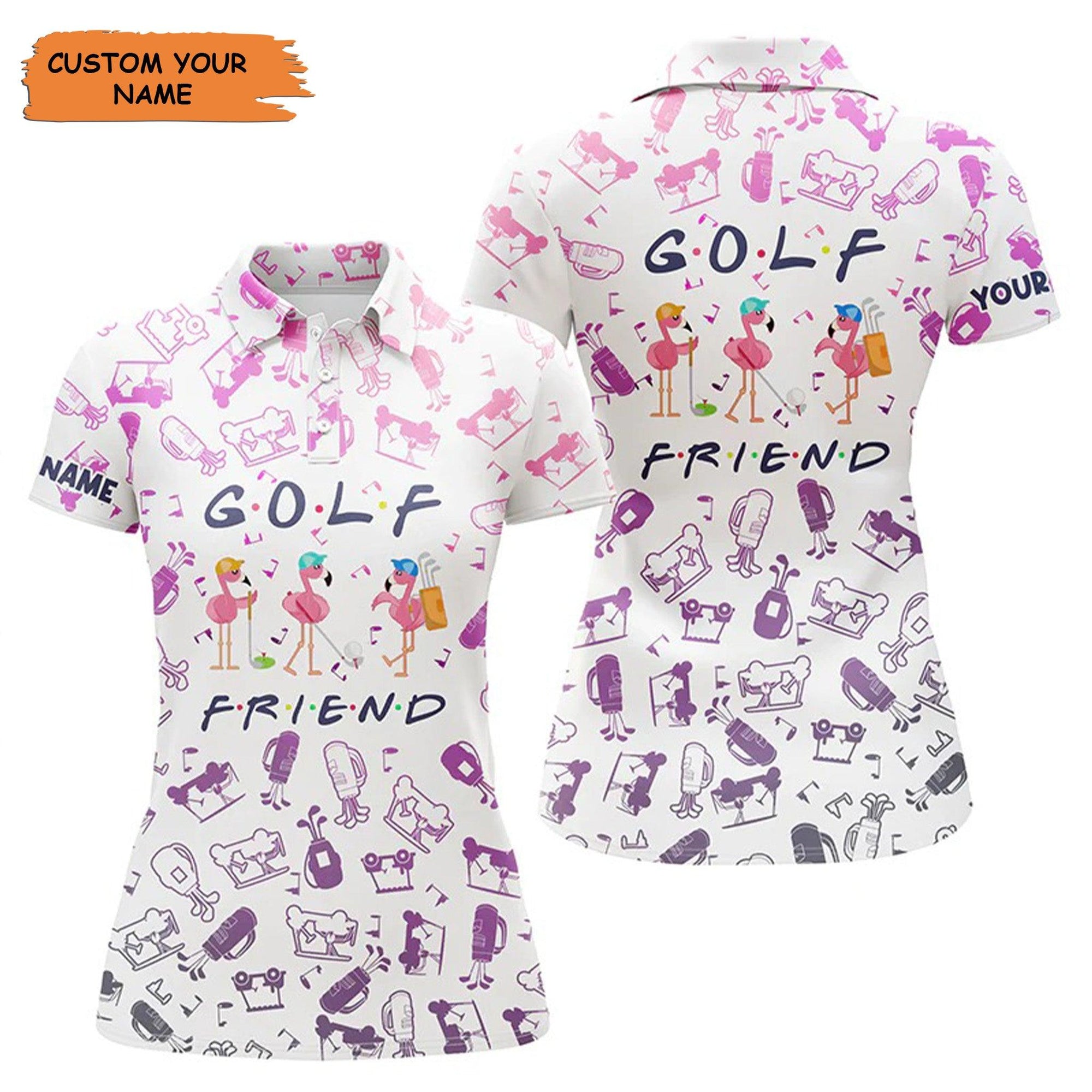 Customized Name Golf Women Polo Shirts, Funny Flamingo Personalized Gradient Neon Golf Icons Pattern Polo Shirt -Perfect Gift For Golfers, Golf Lovers - Amzanimalsgift