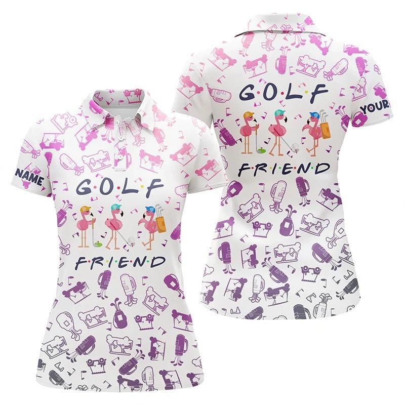 Customized Name Golf Women Polo Shirts, Funny Flamingo Personalized Gradient Neon Golf Icons Pattern Polo Shirt -Perfect Gift For Golfers, Golf Lovers - Amzanimalsgift
