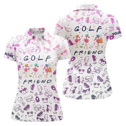 Customized Name Golf Women Polo Shirts, Funny Flamingo Personalized Gradient Neon Golf Icons Pattern Polo Shirt -Perfect Gift For Golfers, Golf Lovers - Amzanimalsgift