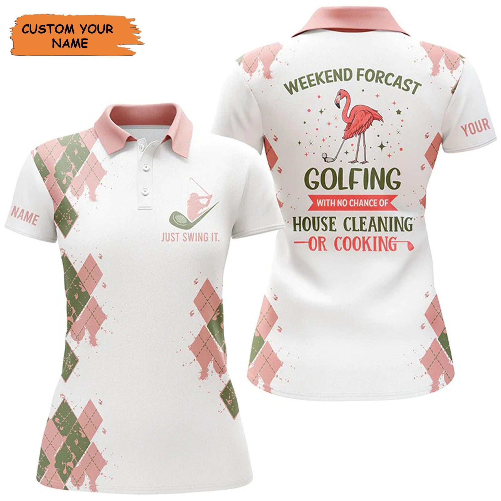 Customized Name Golf Women Polo Shirts, Funny Flamingo Personalized Weekend Forecast Golfing Polo Shirt - Perfect Gift For Ladies, Golfers, Golf Lover - Amzanimalsgift