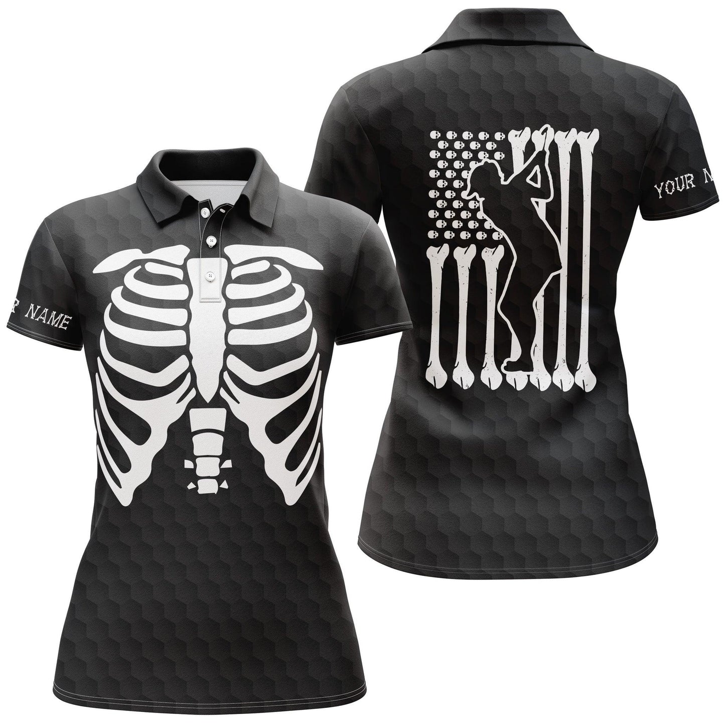 Customized Name Golf Women Polo Shirts, Funny Halloween Personalized Name Skeleton American Flag Shirt - Perfect Gift For Ladies, Golfers, Golf Lovers - Amzanimalsgift