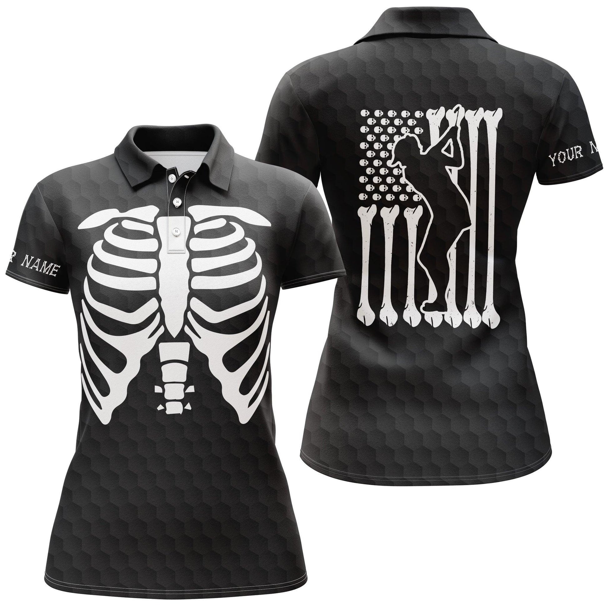 Customized Name Golf Women Polo Shirts, Funny Halloween Personalized Name Skeleton American Flag Shirt - Perfect Gift For Ladies, Golfers, Golf Lovers - Amzanimalsgift