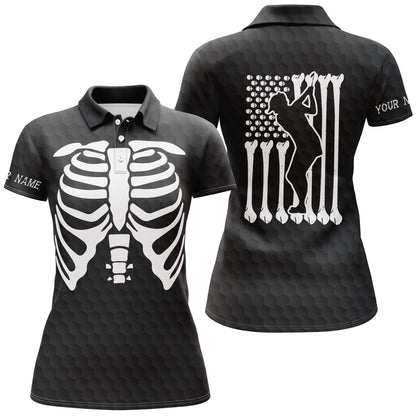 Customized Name Golf Women Polo Shirts, Funny Halloween Personalized Name Skeleton American Flag Shirt - Perfect Gift For Ladies, Golfers, Golf Lovers - Amzanimalsgift