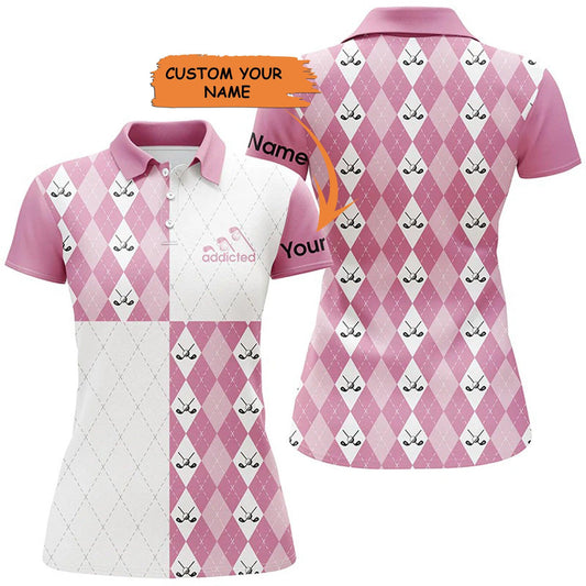 Customized Name Golf Women Polo Shirts, Golf Addicted Personalized Pink White Golf Ball Clubs Pattern Shirts - Perfect Gift For Golfers, Golf Lovers - Amzanimalsgift