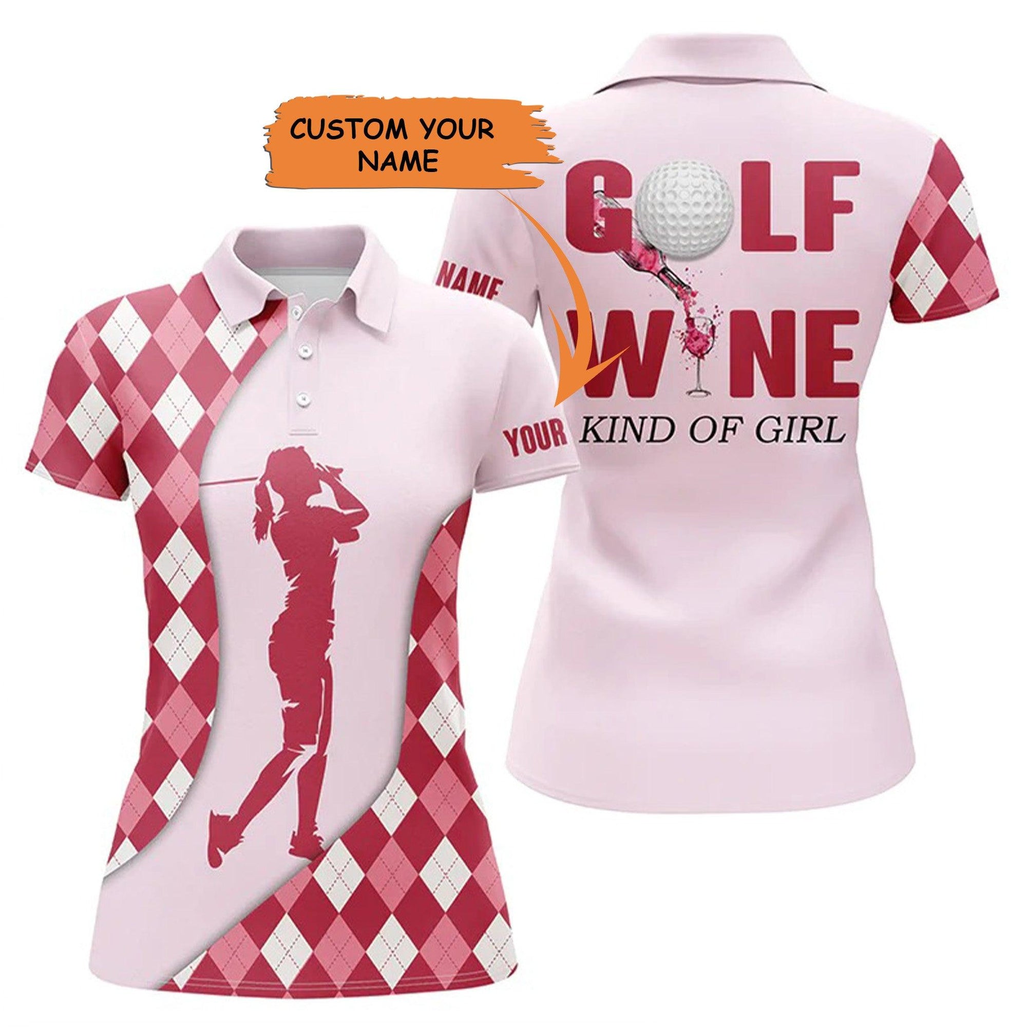 Customized Name Golf Women Polo Shirts, Golf & Wine Kind Of Girl Personalized Argyle Plaid Golf Polo Shirts - Perfect Gift For Golfers, Golf Lovers - Amzanimalsgift