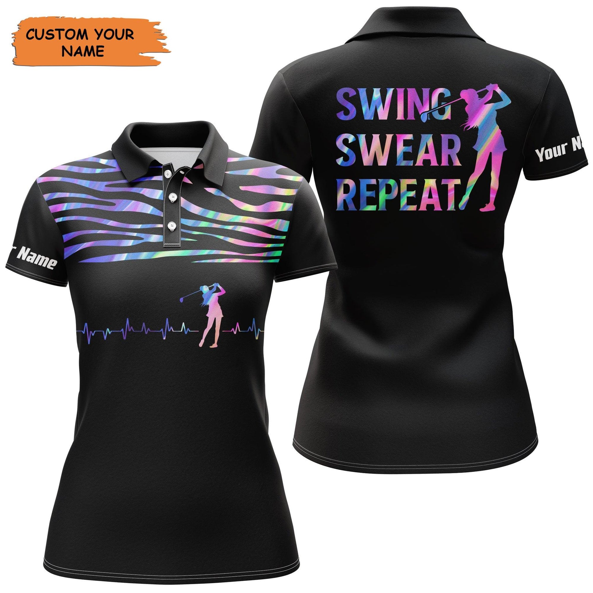 Customized Name Golf Women Polo Shirts, Golf Heart Beat Hologram Personalized Golf Swing Swear Repeat Shirts - Perfect Gift For Golfers, Golf Lovers - Amzanimalsgift