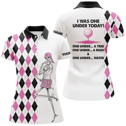 Customized Name Golf Women Polo Shirts, Golf Skeleton Personalized I Was One Under Today Black Pink Shirts - Perfect Gift For Golfers, Golf Lovers - Amzanimalsgift