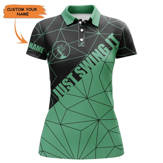 Customized Name Golf Women Polo Shirts, Green Geometric Pattern Personalized Just Swing It Shirts - Perfect Gift For Ladies, Golf Lovers, Golfers - Amzanimalsgift