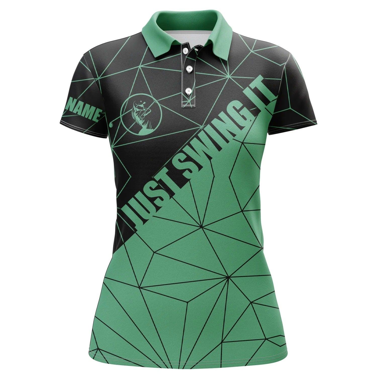 Customized Name Golf Women Polo Shirts, Green Geometric Pattern Personalized Just Swing It Shirts - Perfect Gift For Ladies, Golf Lovers, Golfers - Amzanimalsgift