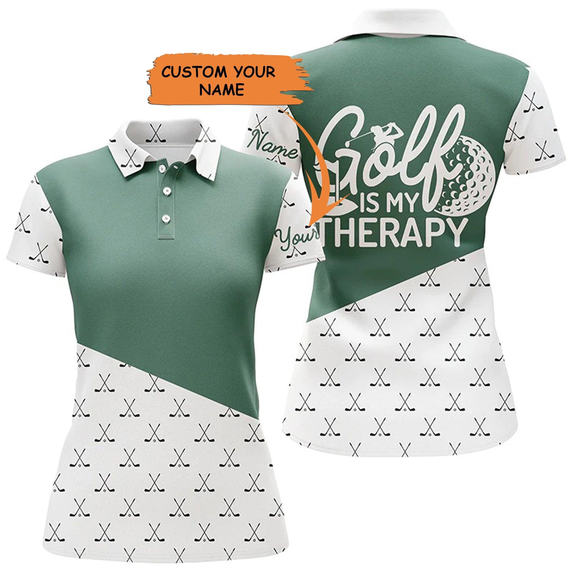 Customized Name Golf Women Polo Shirts, Green Golf Club Pattern Personalized Golf Is My Therapy Shirts - Perfect Gift For Ladies, Golfers, Golf Lovers - Amzanimalsgift