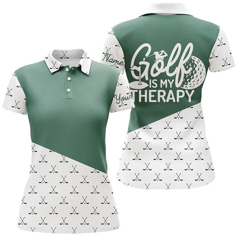 Customized Name Golf Women Polo Shirts, Green Golf Club Pattern Personalized Golf Is My Therapy Shirts - Perfect Gift For Ladies, Golfers, Golf Lovers - Amzanimalsgift
