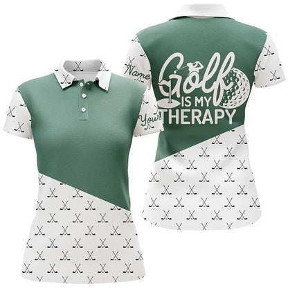 Customized Name Golf Women Polo Shirts, Green Golf Club Pattern Personalized Golf Is My Therapy Shirts - Perfect Gift For Ladies, Golfers, Golf Lovers - Amzanimalsgift