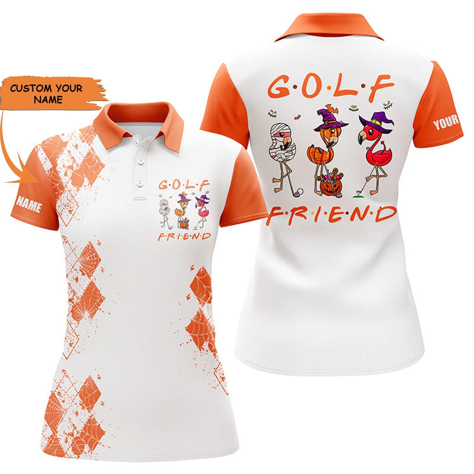 Customized Name Golf Women Polo Shirts, Halloween Personalized Flamingo Golf Friend Halloween Polo Shirts - Perfect Gift For Golf Lovers, Golfers - Amzanimalsgift
