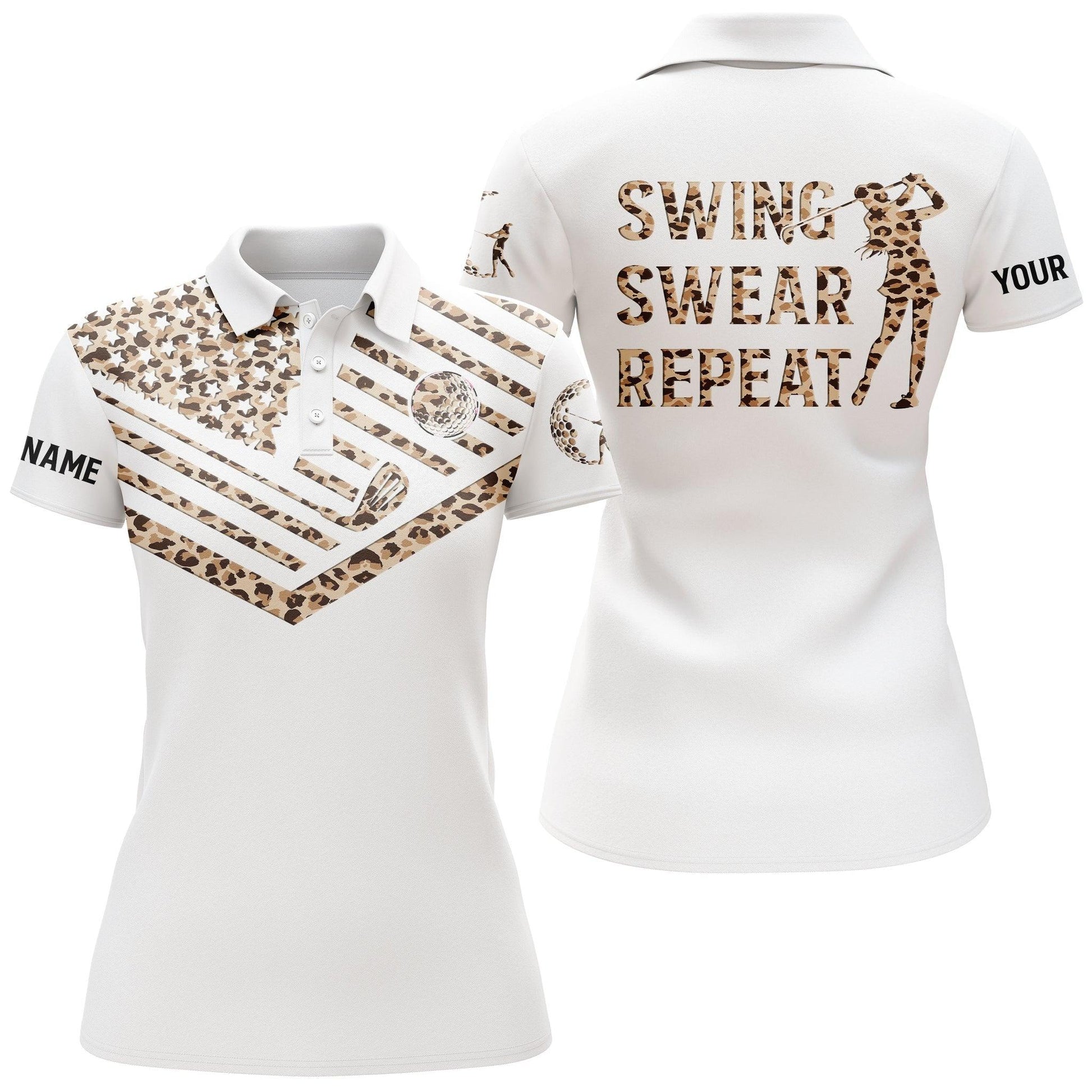 Customized Name Golf Women Polo Shirts, Leopard Pattern American Flag Personalized Swing Swear Repeat Shirts - Perfect Gift For Golfers, Golf Lovers - Amzanimalsgift