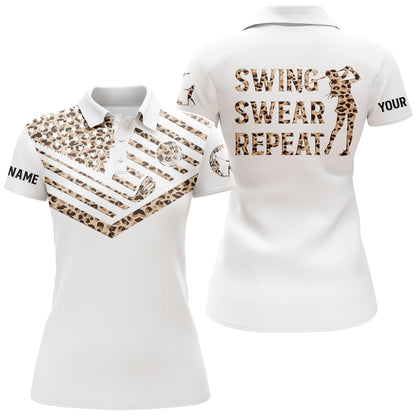 Customized Name Golf Women Polo Shirts, Leopard Pattern American Flag Personalized Swing Swear Repeat Shirts - Perfect Gift For Golfers, Golf Lovers - Amzanimalsgift