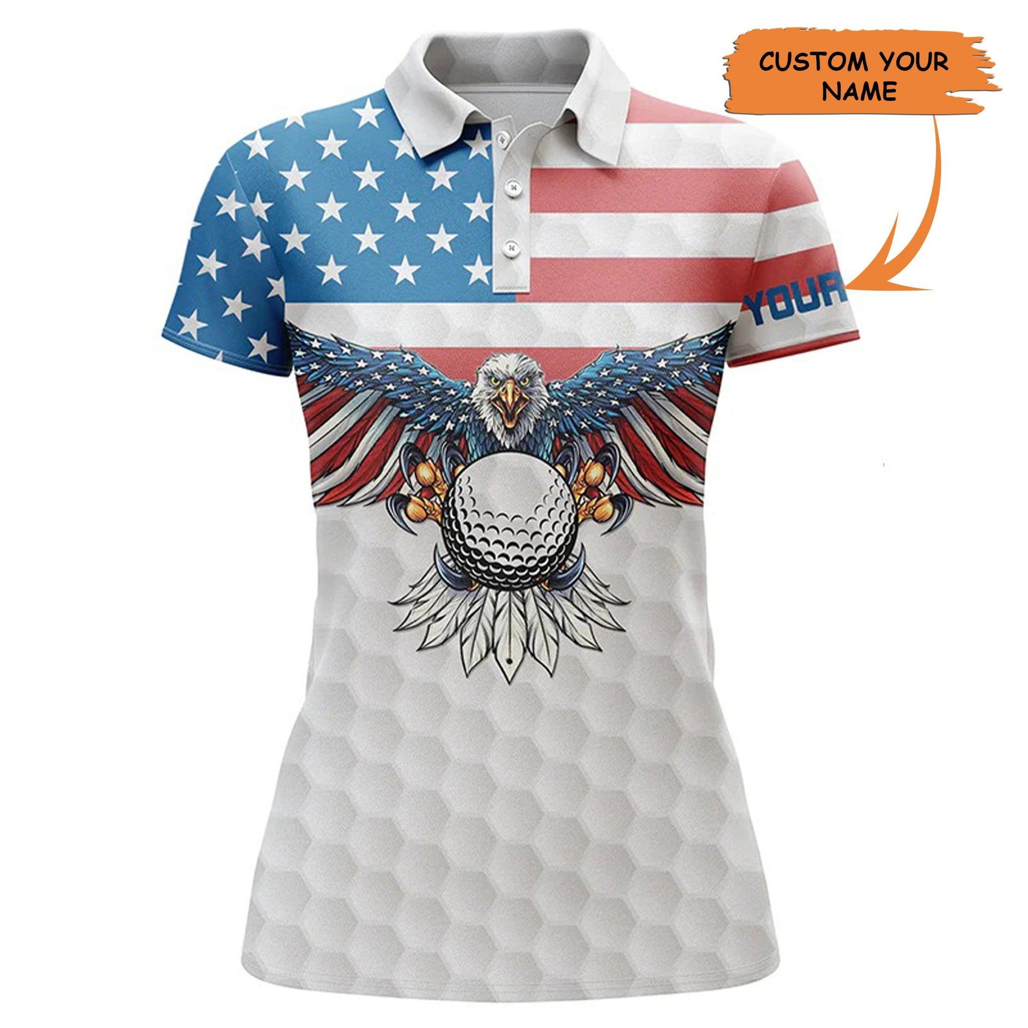 Customized Name Golf Women Polo Shirts, Personalized American Flag Eagle Golf Ball Patriot Shirts For Ladies - Perfect Gift For Golfers, Golf Lovers - Amzanimalsgift