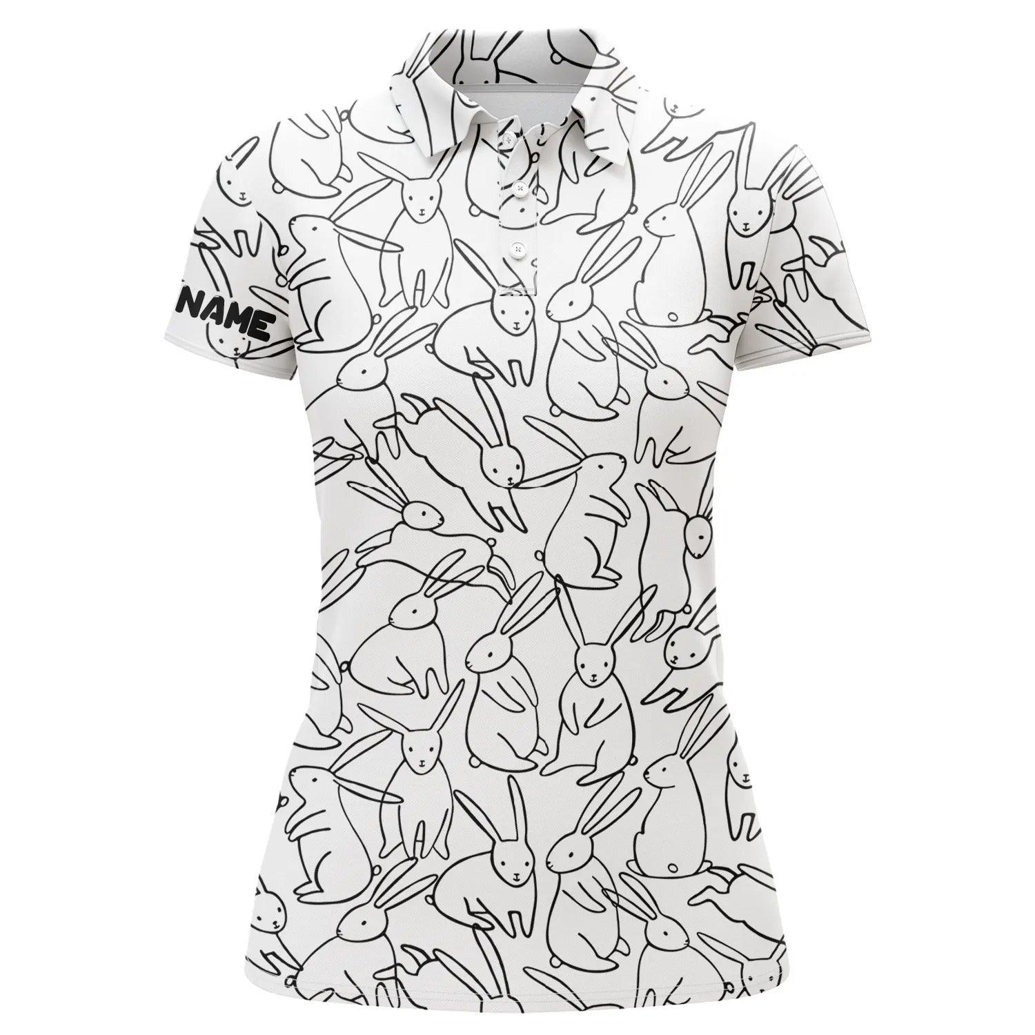 Customized Name Golf Women Polo Shirts, Personalized Black And White Bunny Pattern, Easter's Day Gifts - Perfect Gift For Ladies, Golfers, Golf Lovers - Amzanimalsgift