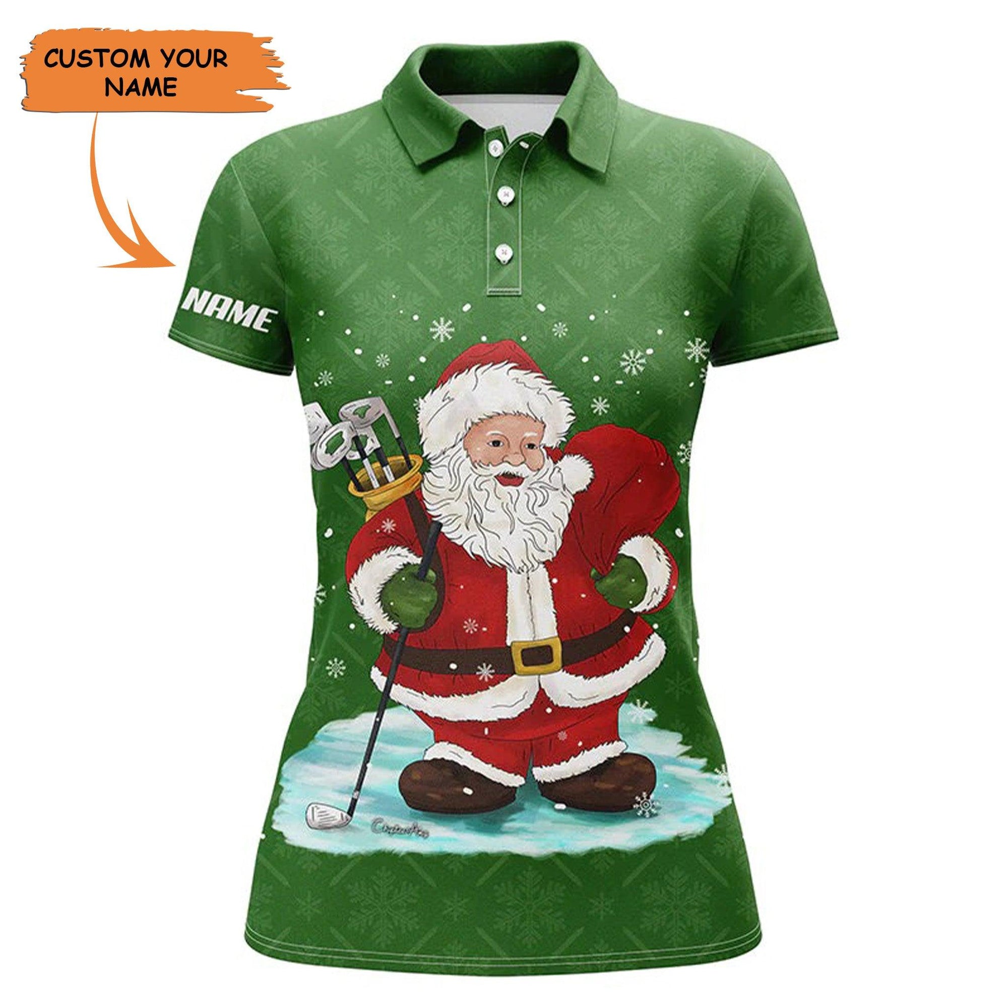 Customized Name Golf Women Polo Shirts, Personalized Christmas Green Pattern Santa Golfer, Christmas Golf Gift - Perfect Gift For Golfers, Golf Lovers - Amzanimalsgift