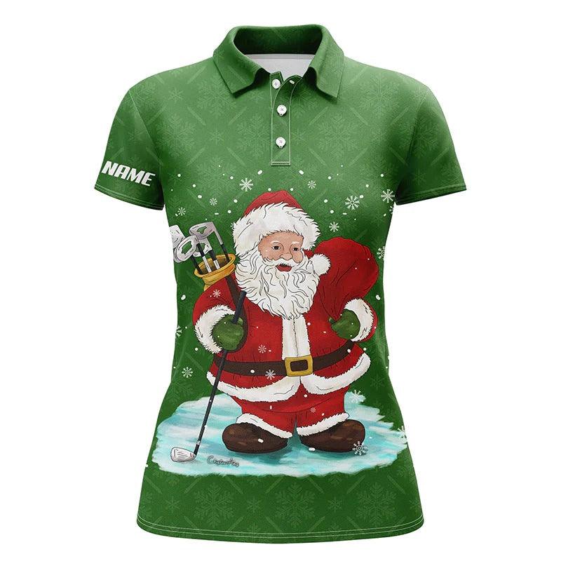 Customized Name Golf Women Polo Shirts, Personalized Christmas Green Pattern Santa Golfer, Christmas Golf Gift - Perfect Gift For Golfers, Golf Lovers - Amzanimalsgift