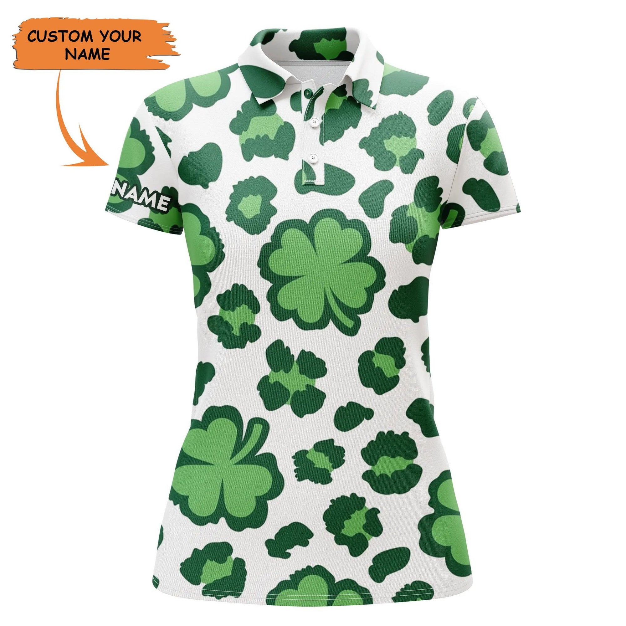 Customized Name Golf Women Polo Shirts, Personalized Clover And Leopard Pattern St. Patrick's Day Polo Shirts - Perfect Gift For Golfers, Golf Lovers - Amzanimalsgift