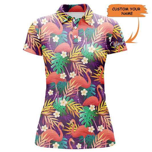 Customized Name Golf Women Polo Shirts, Personalized Colorful Flamingo Pattern Tropical Leaves - Perfect Gift For Ladies, Golfers, Golf Lovers - Amzanimalsgift