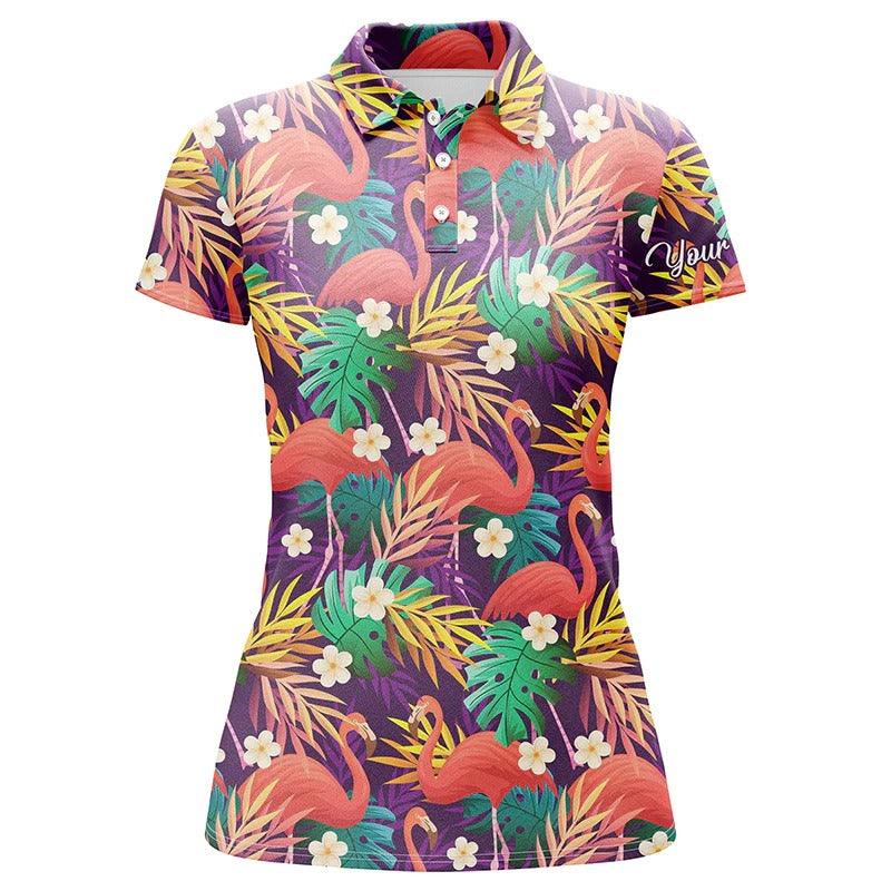Customized Name Golf Women Polo Shirts, Personalized Colorful Flamingo Pattern Tropical Leaves - Perfect Gift For Ladies, Golfers, Golf Lovers - Amzanimalsgift