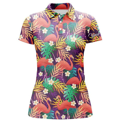 Customized Name Golf Women Polo Shirts, Personalized Colorful Flamingo Pattern Tropical Leaves - Perfect Gift For Ladies, Golfers, Golf Lovers - Amzanimalsgift