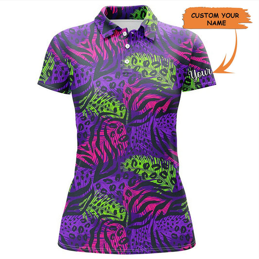 Customized Name Golf Women Polo Shirts, Personalized Colorful Purple Tropical Leaves Background Shirts - Perfect Gift For Ladies, Golf Lovers, Golfers - Amzanimalsgift