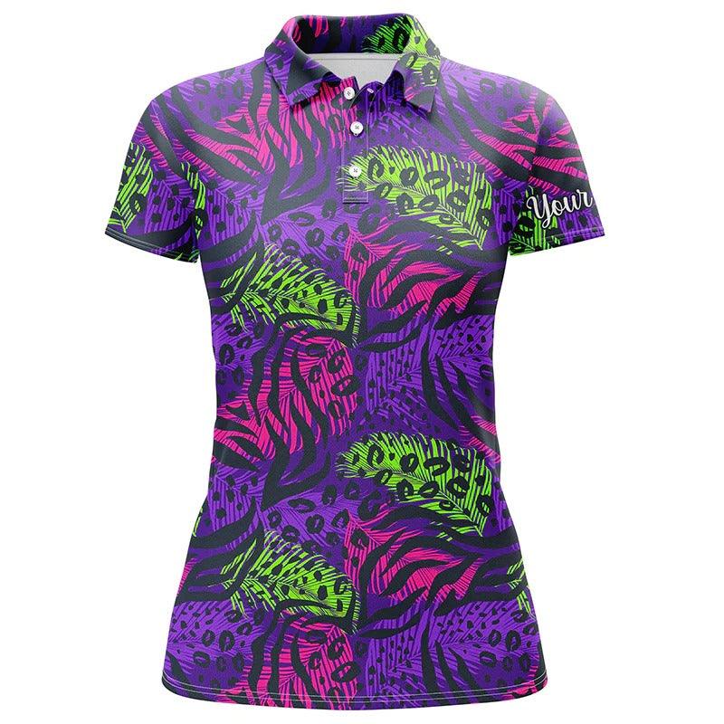 Customized Name Golf Women Polo Shirts, Personalized Colorful Purple Tropical Leaves Background Shirts - Perfect Gift For Ladies, Golf Lovers, Golfers - Amzanimalsgift