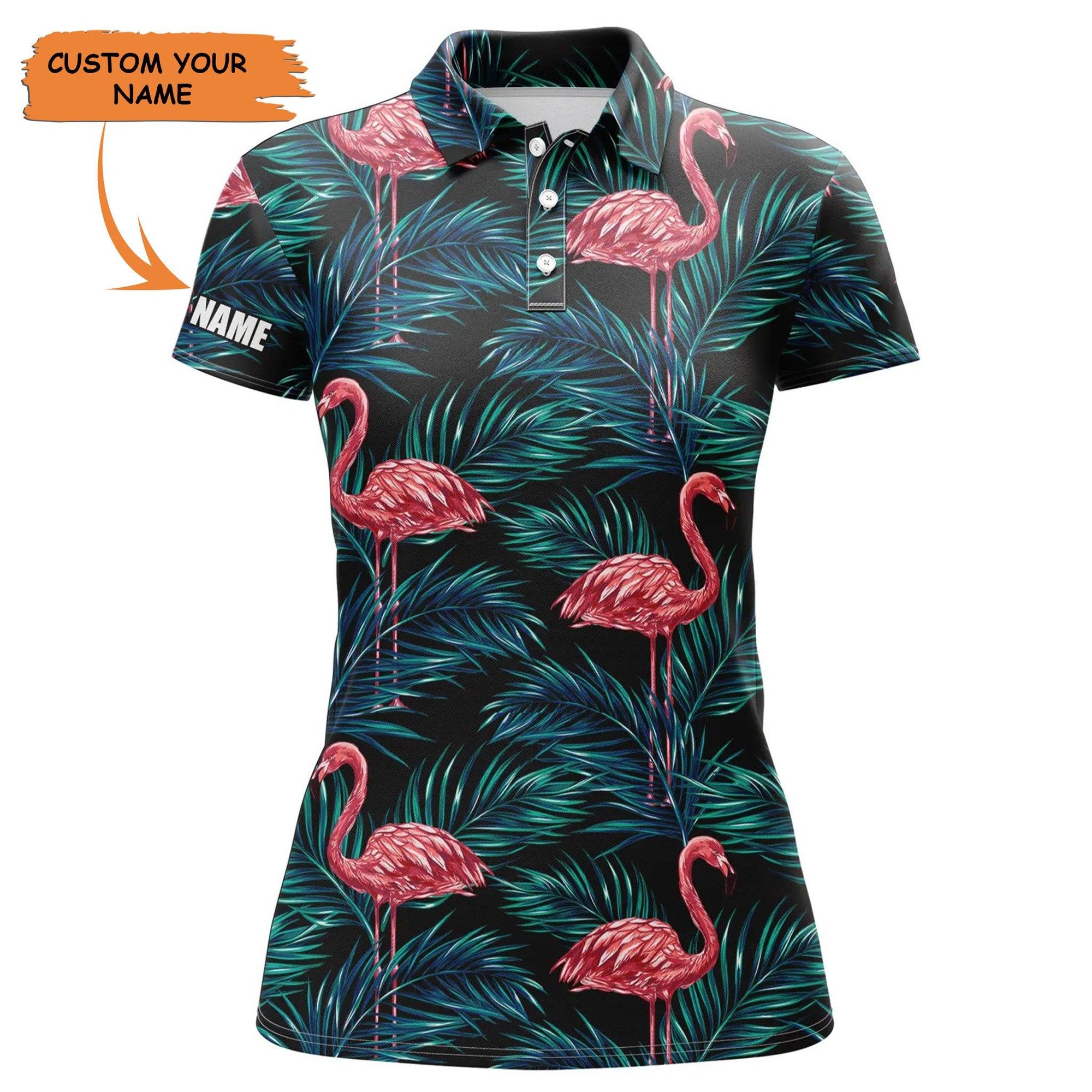 Customized Name Golf Women Polo Shirts, Personalized Flamingo Golf Shirt Tropical Palm Leaves Pattern - Perfect Gift For Ladies, Golf Lover, Golfer - Amzanimalsgift