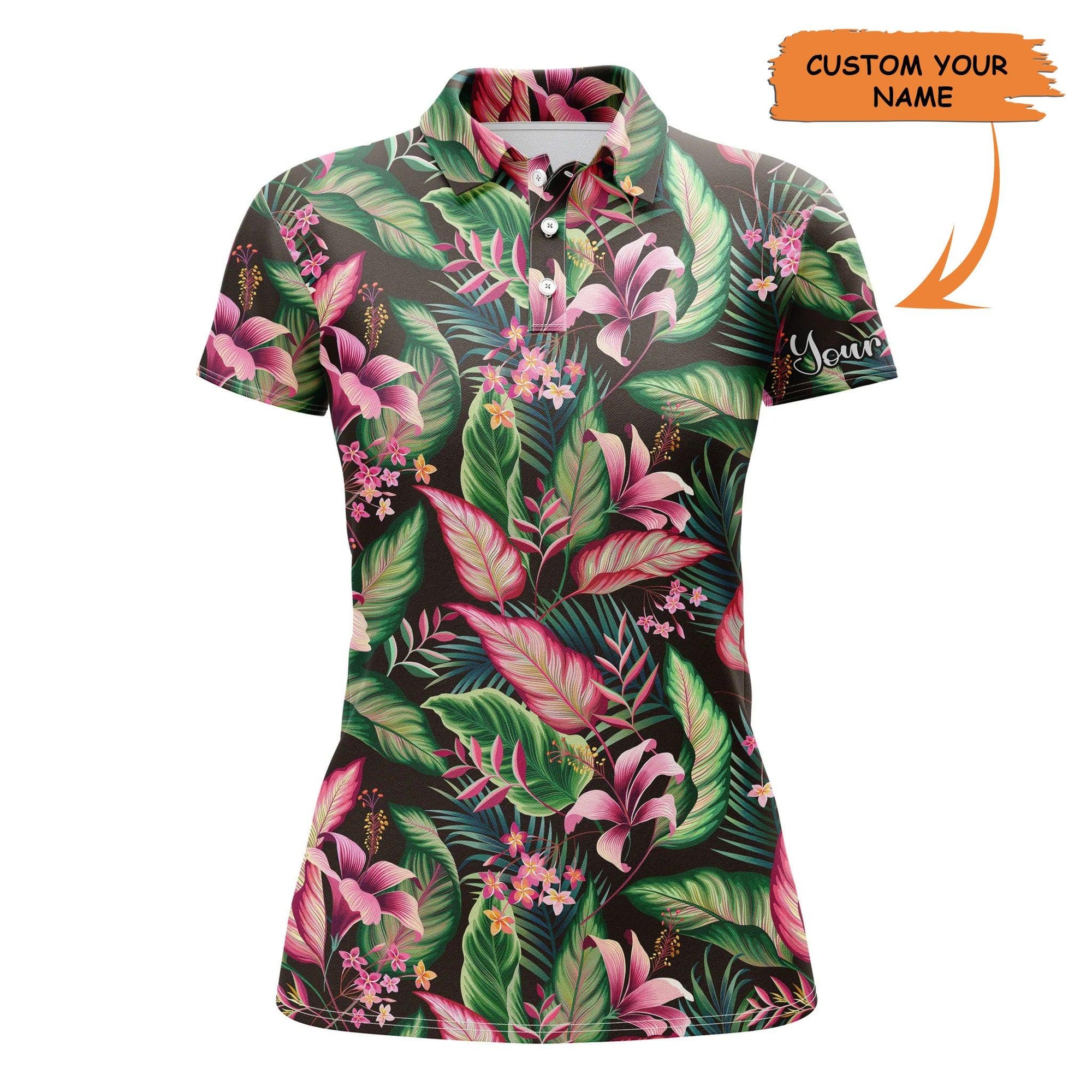 Customized Name Golf Women Polo Shirts, Personalized Floral Pattern With Tropical Leaves Polo Shirts - Perfect Gift For Ladies, Golfers, Golf Lovers - Amzanimalsgift