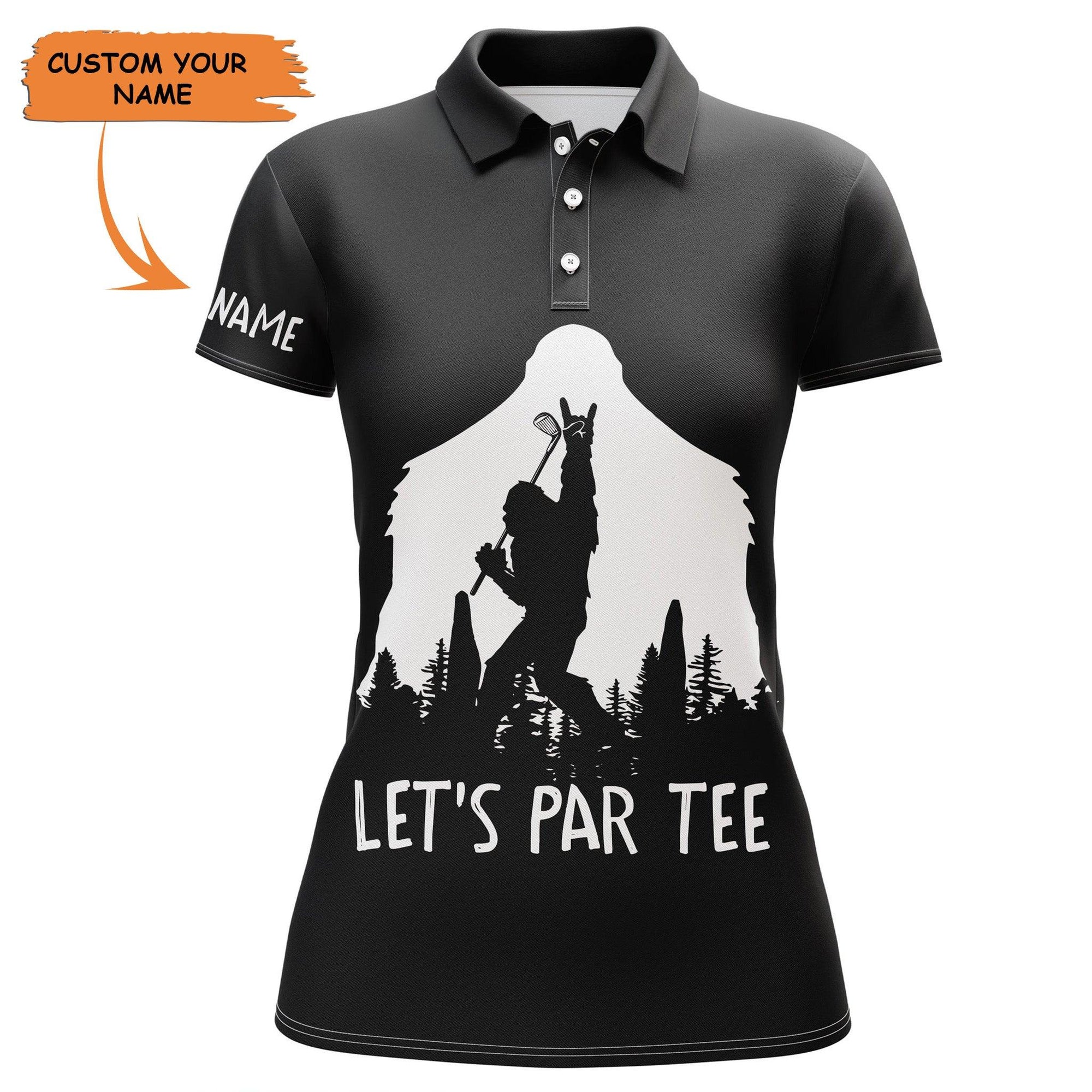 Customized Name Golf Women Polo Shirts, Personalized Funny Bigfoot, Lets Par Tee Black Polo Shirts - Perfect Gift For Ladies, Golfers, Golf Lovers - Amzanimalsgift
