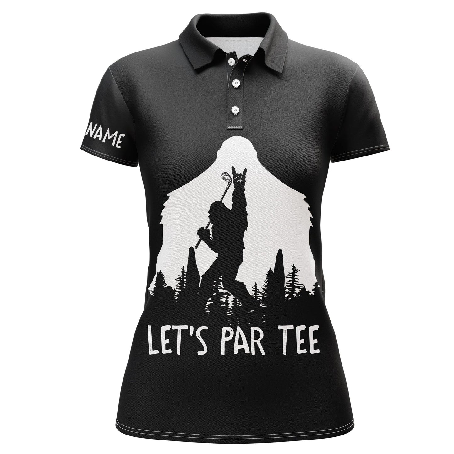 Customized Name Golf Women Polo Shirts, Personalized Funny Bigfoot, Lets Par Tee Black Polo Shirts - Perfect Gift For Ladies, Golfers, Golf Lovers - Amzanimalsgift