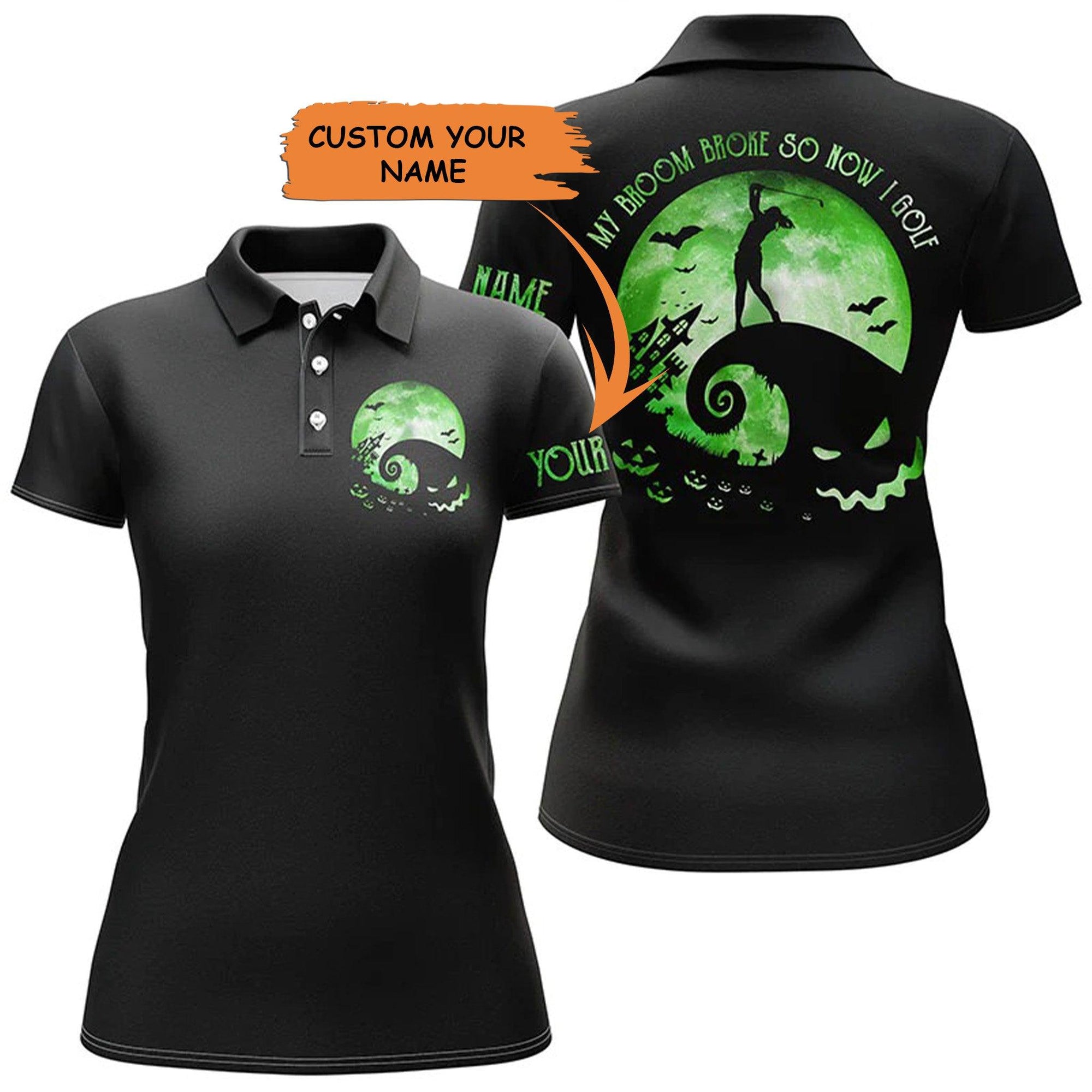 Customized Name Golf Women Polo Shirts, Personalized Funny Black Green Moon Halloween Polo Shirts - Perfect Gift For Ladies, Golfers, Golf Lovers - Amzanimalsgift