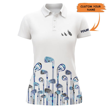 Customized Name Golf Women Polo Shirts, Personalized Golf Clubs White And Blue Women Golf Polo Shirts - Perfect Gift For Ladies, Golfers, Golf Lovers - Amzanimalsgift