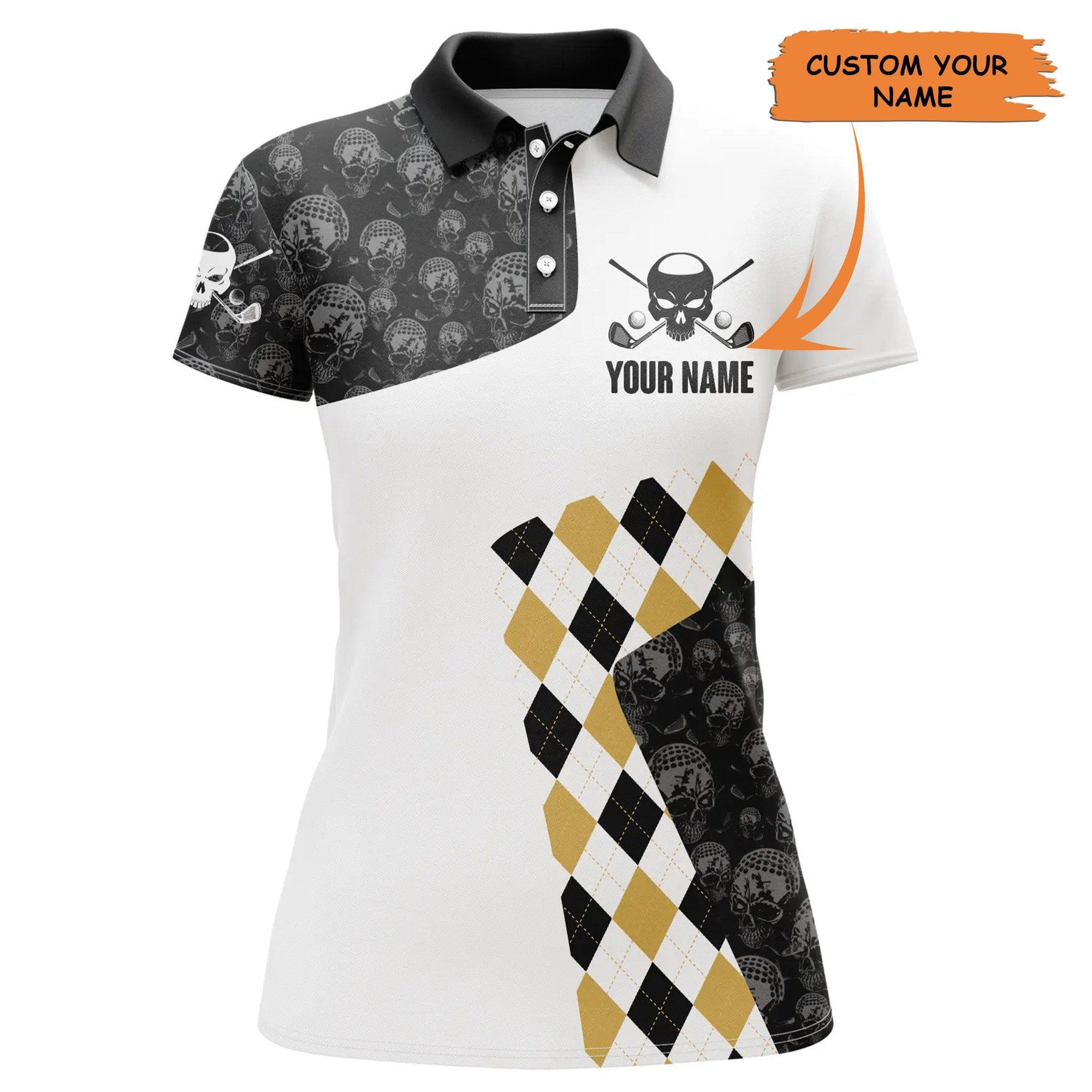 Customized Name Golf Women Polo Shirts, Personalized Golf Skull Argyle Pattern Golf Tournament Shirts - Perfect Gift For Ladies, Golf Lovers, Golfers - Amzanimalsgift